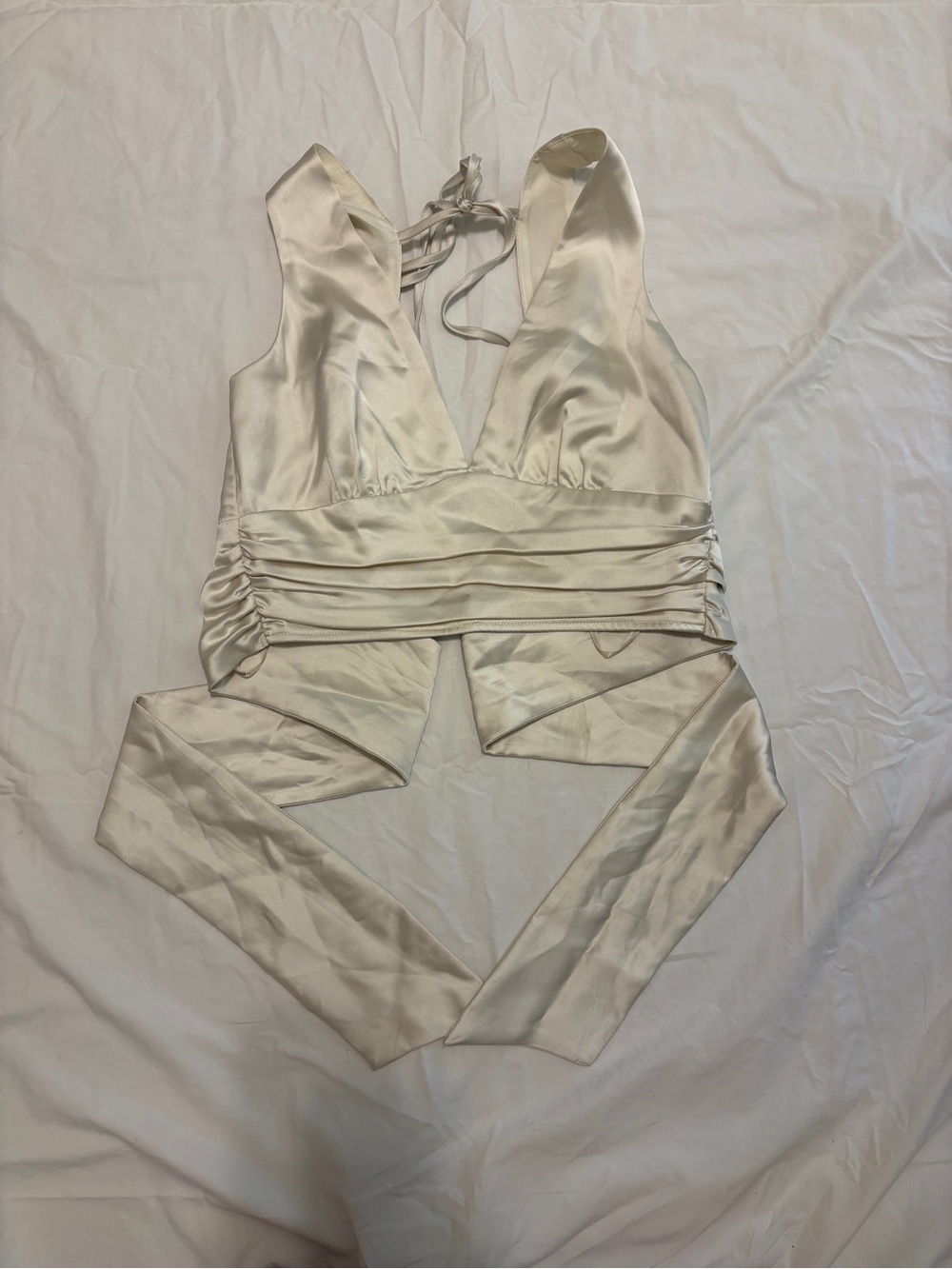 Silk-Look Ivory Wrap Halter tie back top